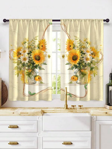 2pcs New Fashion Multi-Color Sunflower Kitchen Curtains - Window Treatment Set, Cafe Panel - Rod Pocket Design, Easy To Install - Perfect For Bedroom, Study, Cafe, And Living Room Decoration