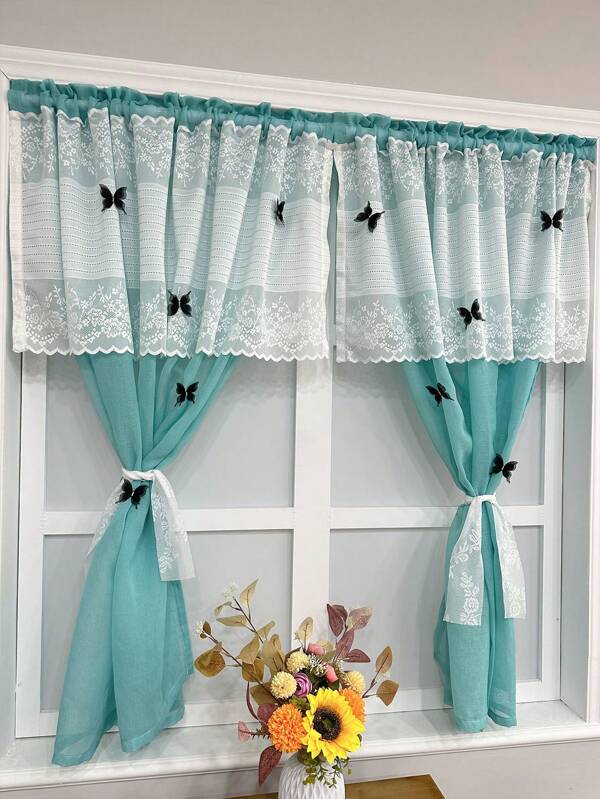 1pc Blue Voile Curtain, French Romantic Lace Ruffled Curtain Panel For Kitchen, Bathroom, Cafe, Farmhouse Style, Sheer Linen Material, Washer, Rod Pocket Design, Princess-Like