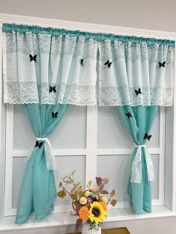 1pc Blue Voile Curtain, French Romantic Lace Ruffled Curtain Panel For Kitchen, Bathroom, Cafe, Farmhouse Style, Sheer Linen Material, Washer, Rod Pocket Design, Princess-Like