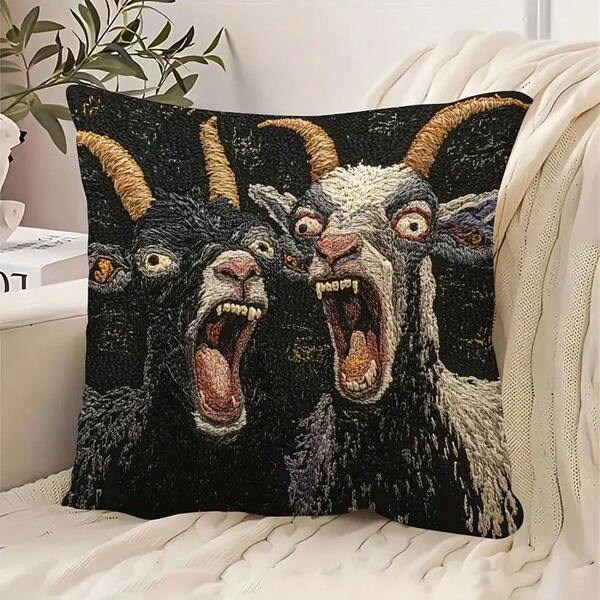 1PC 17.7*17.7 Inch Single-Sided Pillowcase, 2D Screaming Goat Print, Modern Style With Zipper Closure. Plain Printed Design, No Embroidery Or Pillow Insert Included. Funny Decorative Cover, Ideal For Bedroom Decor, Spring Home Accents