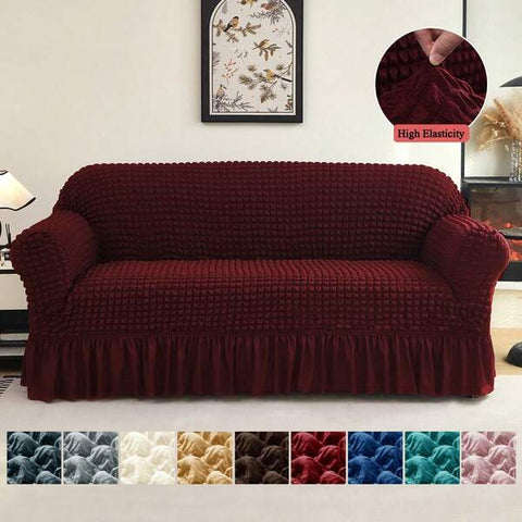 XM-Mirelitho 1pc Pet Friendly Bubble Waffle Stretch Sofa Slipcover With Ruffle Skirt Anti-Slip Full Wrap Couch Cover Machine Washable Universal Furniture Protector For 1/2/3/4 Seater Old Sofa Living Room Makeover