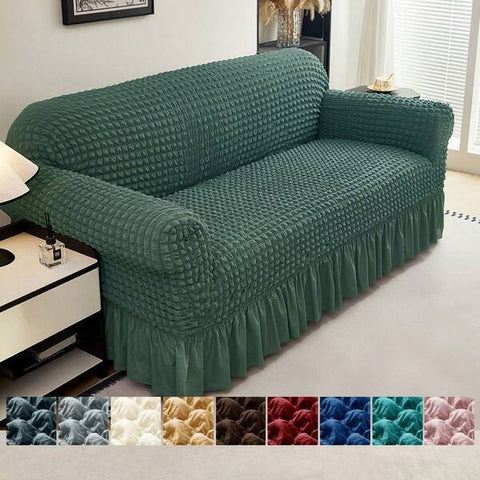 XM-Mirelitho 1pc Pet Friendly Bubble Waffle Stretch Sofa Slipcover With Ruffle Skirt Anti-Slip Full Wrap Couch Cover Machine Washable Universal Furniture Protector For 1/2/3/4 Seater Old Sofa Living Room Makeover