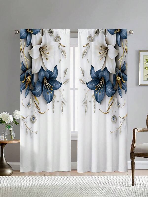 2pcs Elegant Blue And White Floral Curtains, 2D Flat Design With Gold Accents, No Grommet Design, Suitable For Bedroom, Office, Kitchen, Living Room, Study And Other Home Decor