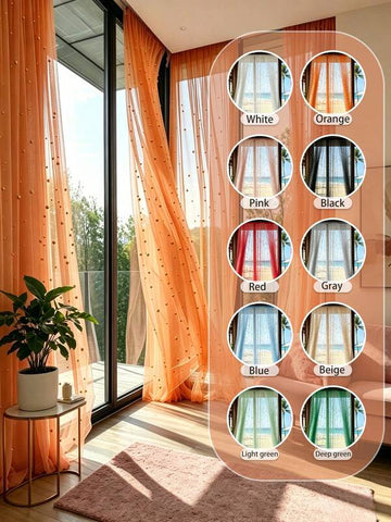 HOMPOOLL 1Pc Orange Pearl Beaded Sheer Curtains, Romantic Luxury Pearl Embellished Light Filtering Voile Window Drapes, Aesthetic Privacy Semi-Sheer Curtains For Bedroom Living Room Apartment Wedding Bridal Shower Party Backdrop Home Decor