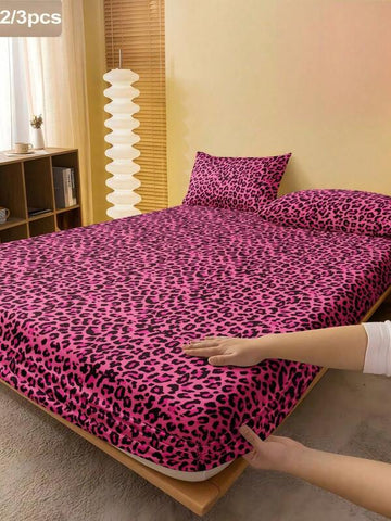 2/3pcs Rose Red Fashion Leopard Print Bed Sheet Set (1 Fitted Sheet + 1/2 Pillowcases), Mattress Protector, Mattress Cover, Bed Sheet Set, Soft And Breathable, --Twin, Full, Queen, King, Fitted Sheet Depth Up To 11.8 Inches, Back To School, Dorm Bedding