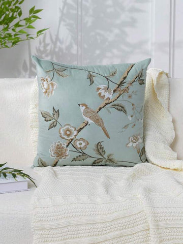 1pc Modern Minimalist Mint Green Floral & Bird Embroidered Pillow Case, Spring/Summer Flower Embroidery Decorative Pillow Cover, Suitable For Indoor Decoration, All-Season Pillowcase, Pillow Insert Not Included