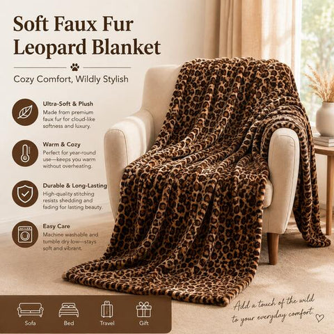1pc Leopard Print Faux Rabbit Fur Double-Layer Warm Blanket, Soft And Smooth Faux Animal Fur Texture, Reversible Plush Throw Blanket For Home, Living Room, Bedroom, Sofa, All Seasons, Upgrade Your Living Quality