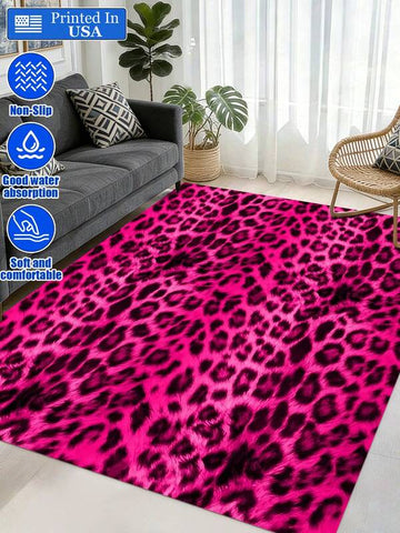 Hot Pink Faux Fur Leopard Print Area Rug, Fuzzy Hot Pink Black Leopard Print Non Slip Rug, Bold Vibrant Wildlife Pattern Living Room Rug, Soft Water Absorbent Floor Mat, Luxe Faux Fur Leopard Home Decor Rug