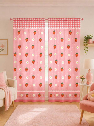 2pcs Strawberry Print Curtains,Pink Gingham Scallop Valance Rod Pocket Drapes,French Country Style Bedroom Curtains,Sweet Aesthetic Living Room Decor,Kitchen Window Treatments,Vintage Pink Home Textiles