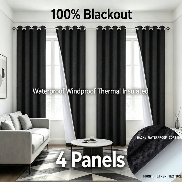 4 Panels Grommet 100%Blackout Curtains, Soft Linen Grid Fabric, Waterproof Windproof Heat Insulation Indoor Outdoor